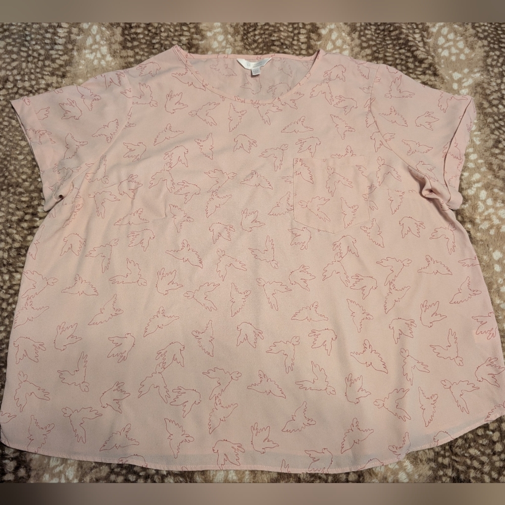 Lauren Conrad Pink Bird Dove Print Sheer Pocket Tee Blouse XXL